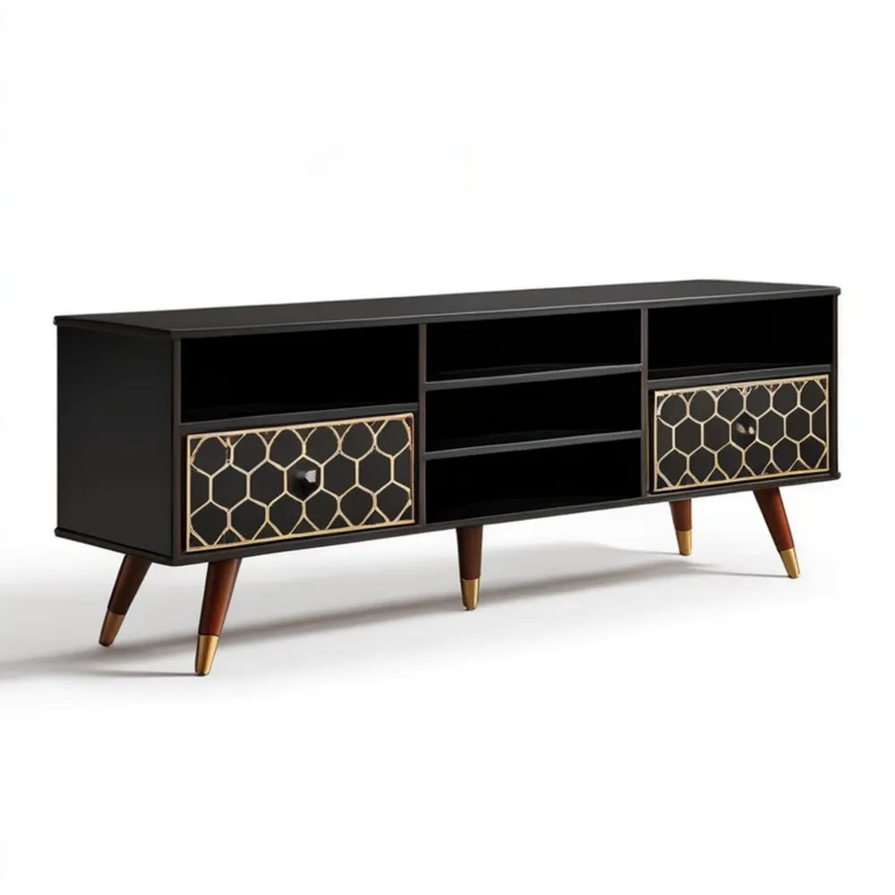 Szafka RTV Retro z MDF 160 x 40 x 60 cm Czarna/Brązowa/Złota