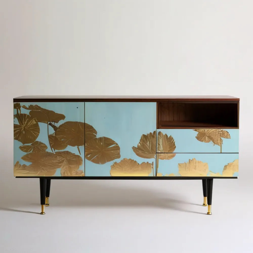 Szafka RTV z MDF 160 × 40 × 75 cm Turkusowa/Złota z motywem liści
