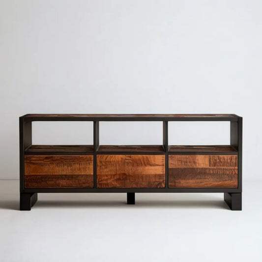 Regał industrialny z 3 szufladami i 3 otwartymi wnękami, drewno mango i stal, czarno-brązowy, 120 x 35 x 75 cm
