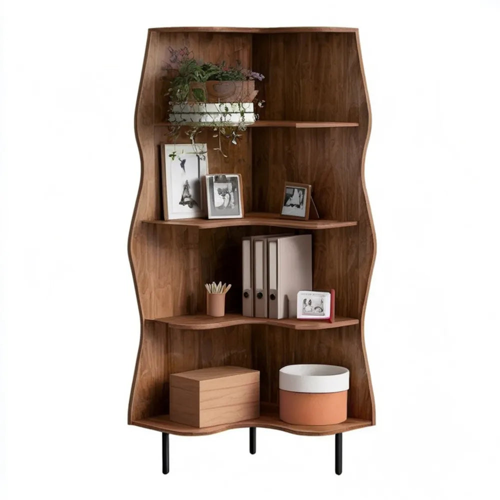 Regał falisty z płyty MDF w kolorze orzechowym i czarnym, 80 x 35 x 180 cm