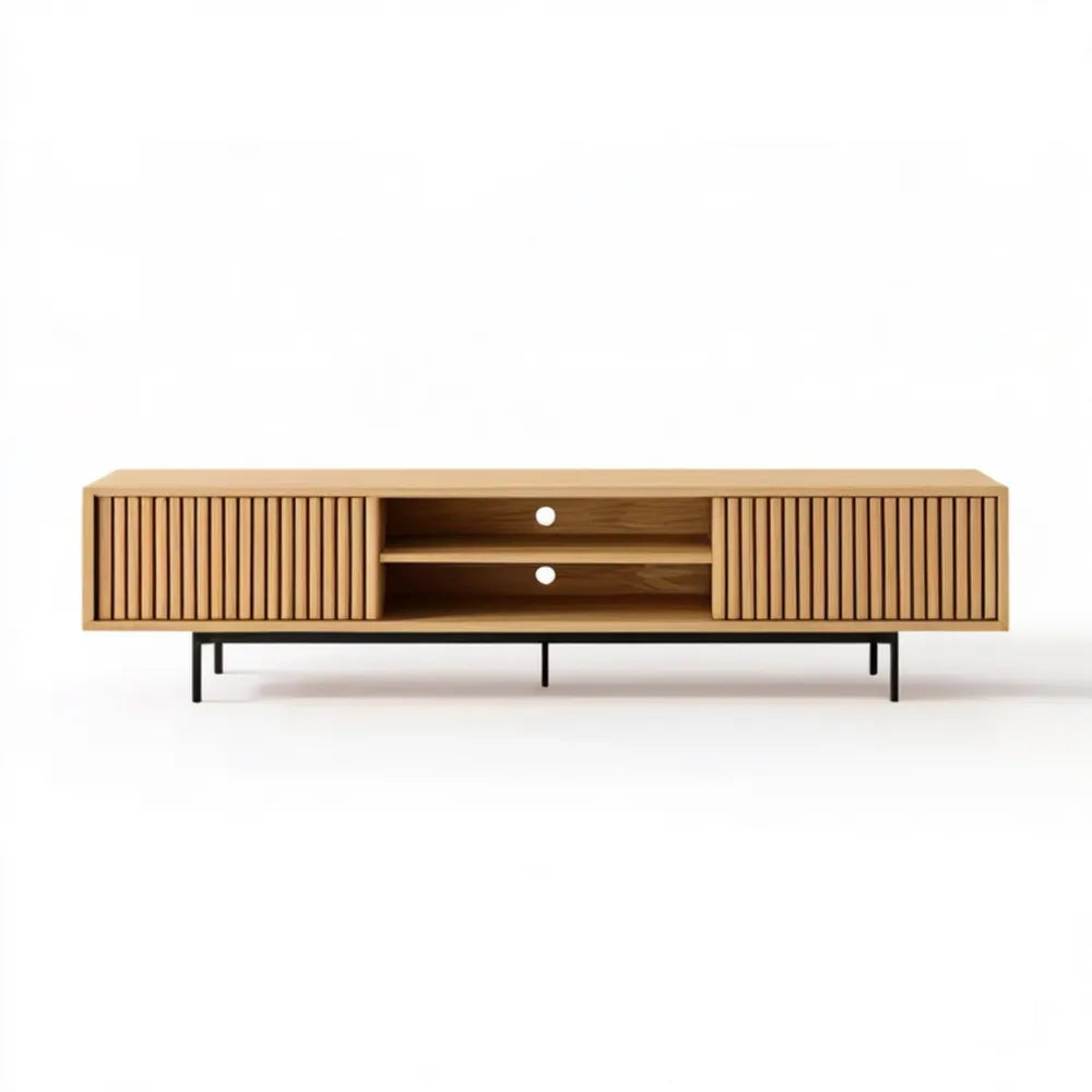 Szafka RTV z MDF w fornirze dębowym, Naturalny Dąb/Czarny, 180 x 40 x 55 cm