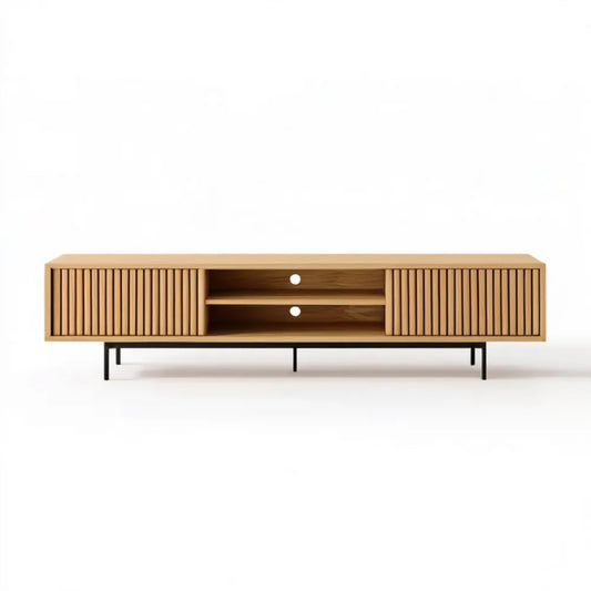 Szafka RTV z MDF w fornirze dębowym, Naturalny Dąb/Czarny, 180 x 40 x 55 cm